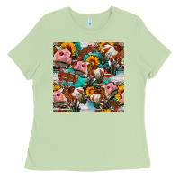 Matcha cow with aztec and sunflowers seamless pattern Ladies Tee - FaDigitalArtStudio