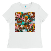 Cow With Aztec And Sunflowers Seamless Pattern Ladies Tee | Teevron