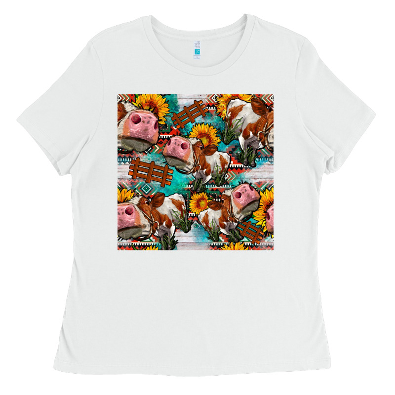 Cow With Aztec And Sunflowers Seamless Pattern Ladies Tee by FaDigitalArtStudio | Teevron