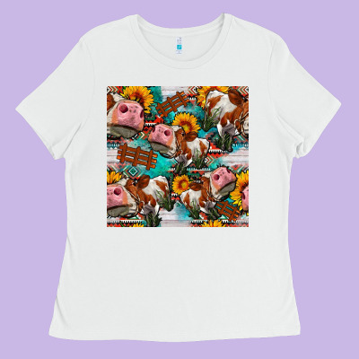 Cow With Aztec And Sunflowers Seamless Pattern Ladies Tee Designed By Fadigitalartstudio