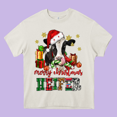 Merry Christmas Heifer Cow Heavy Core Tee Designed By Cowgirlartshop