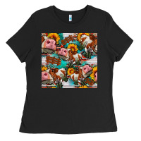 Black cow with aztec and sunflowers seamless pattern Ladies Tee - FaDigitalArtStudio