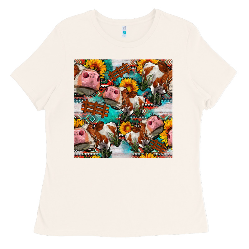 Cow With Aztec And Sunflowers Seamless Pattern Ladies Tee by FaDigitalArtStudio | Teevron