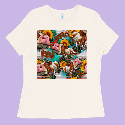 Cow With Aztec And Sunflowers Seamless Pattern Ladies Tee Designed By Fadigitalartstudio