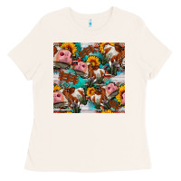 Bone cow with aztec and sunflowers seamless pattern Ladies Tee - FaDigitalArtStudio