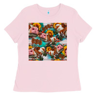 Bubblegum Pink cow with aztec and sunflowers seamless pattern Ladies Tee - FaDigitalArtStudio