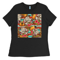 Western Cow With Hay And Flowers Seamless Pattern Ladies Tee | Teevron
