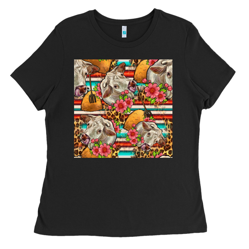 Western Cow With Hay And Flowers Seamless Pattern Ladies Tee by FaDigitalArtStudio | Teevron
