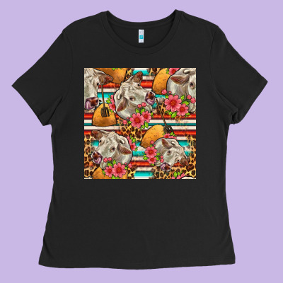 Western Cow With Hay And Flowers Seamless Pattern Ladies Tee Designed By Fadigitalartstudio