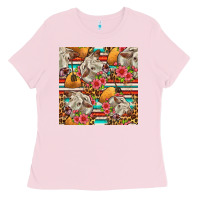 Bubblegum Pink western cow with hay and flowers seamless pattern Ladies Tee - FaDigitalArtStudio