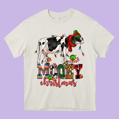 Mooey Christmas Cow Heavy Core Tee Designed By Cowgirlartshop